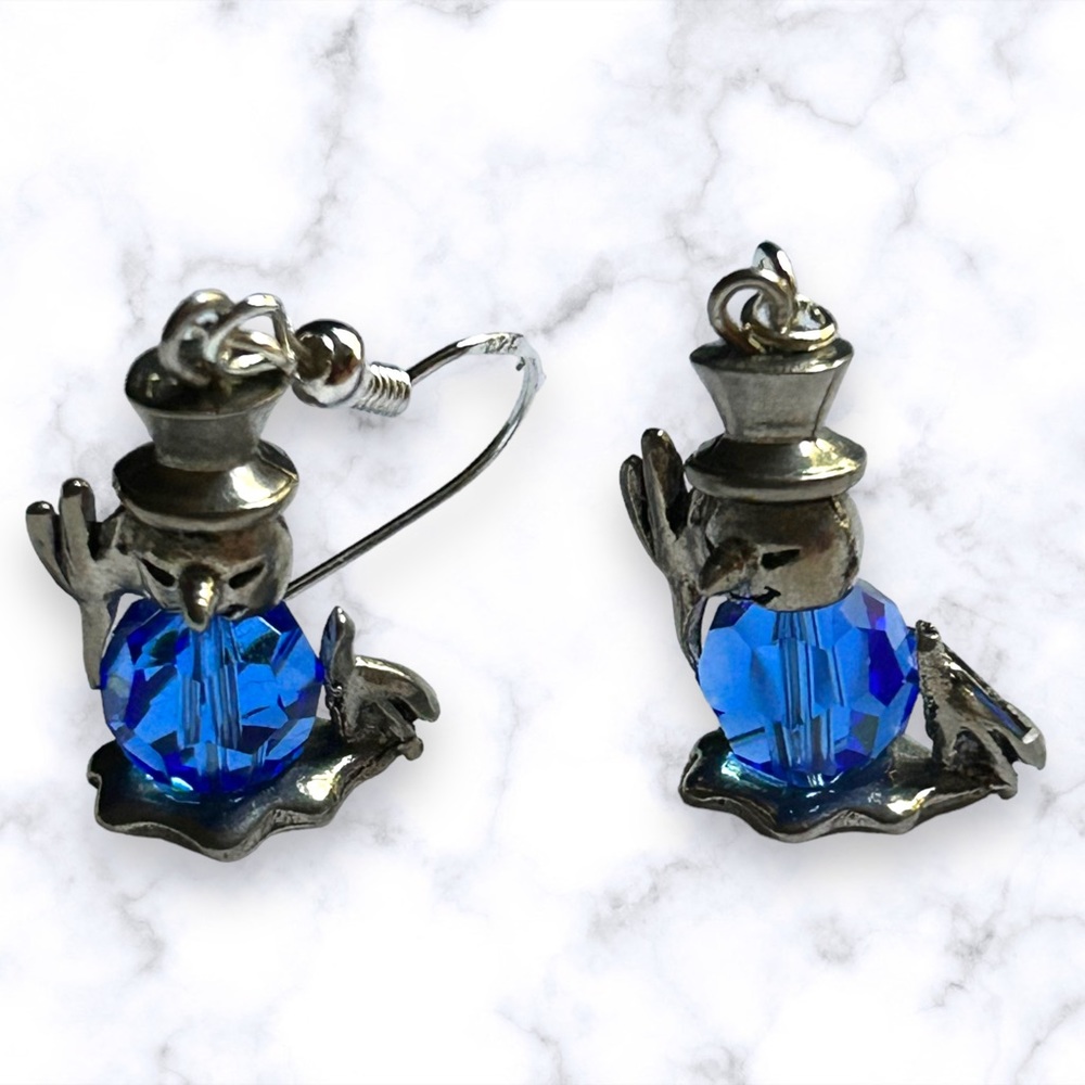 Handmade Earrings Snowman Swarovski Blue Crystal Dangle Pierced Gift - Picture 2 of 10